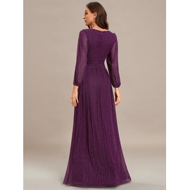 Ever-Pretty Women's Glitter A Line V Neck Pleated Long Sleeve Evening Dress Purple Wisteria 10UK
