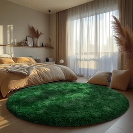 Round Shaggy Plush Rug for Living Room, Furry Carpet for Teen's Room, Non-Slip Carpet Home Decor, Deep Green Round Area Rugs 7Ft