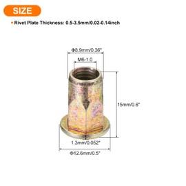 sourcing map 60Pcs Half Hex Body Flange Rivet Nuts, M6 Carbon Steel Thread Zinc Plated Threaded Insert Nuts Knurled Body