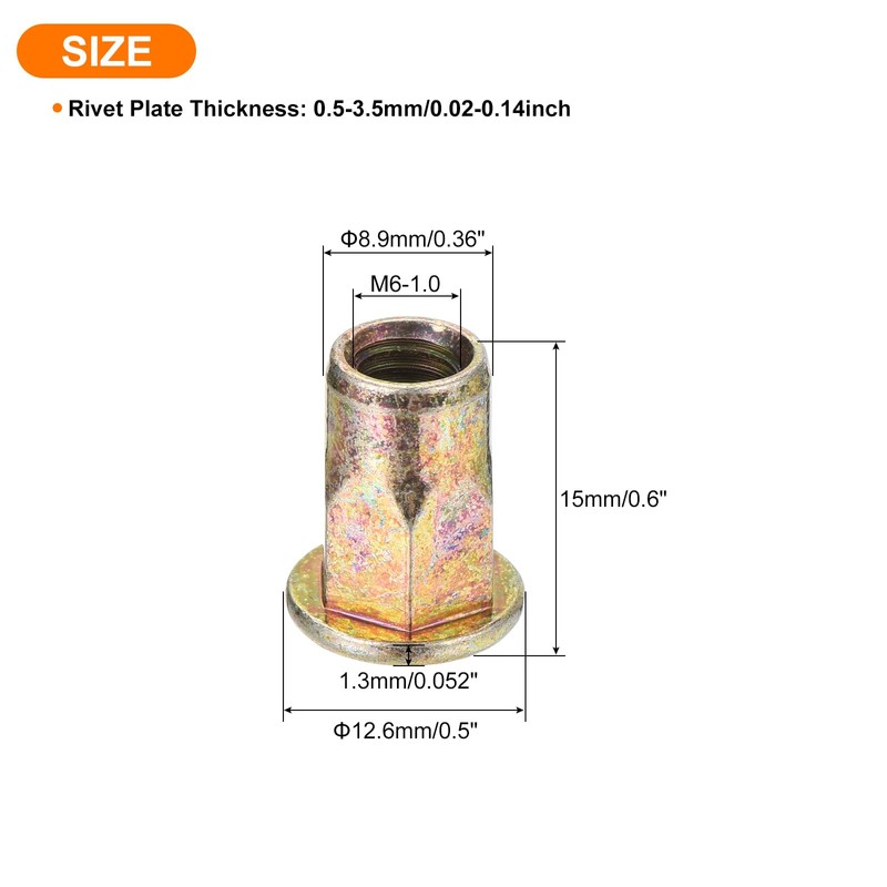 sourcing map 60Pcs Half Hex Body Flange Rivet Nuts, M6