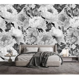 YQWDMX - Gray Peony Bedroom Wallpaper Mural Mural50 S 100" Wx73 H(Not Peel and Stick)