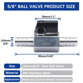 5/8″ Hose Barb Ball Valve, 304 Stainless Steel Mini Fuel Shut Off Valve,Heater Hose Shut Off Valve for Water Gas Fuel Drip Irrigation and Aquariums