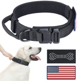 Tactical Dog Collar - Military Dog Collar for Large Dogs - Adjustable Nylon Collar with Handle, Heavy Duty Metal Buckle K9 Collar with USA Flag and Reflective Patch Great for German Shepherd（Black, L）