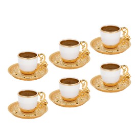 LaModaHome Espresso Coffee Cups with Saucers, Set of 6 Turkish Arabic Greek Coffee Cups for Women, Men, Adults, Guests or for Tea Party. Traditional Cappuccino Cups for Latte, Cafe Mocha - Gold/White