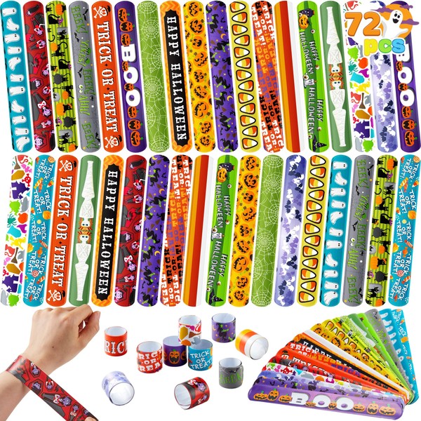 JOYIN 72 Halloween Slap Bracelets Craft Bulk with Spider, Pumpkins, Animal Print for Homeschooling Kids Trick or Treat Party Favors, Classroom Prizes, Exchanging Gifts, Non-candy Gift