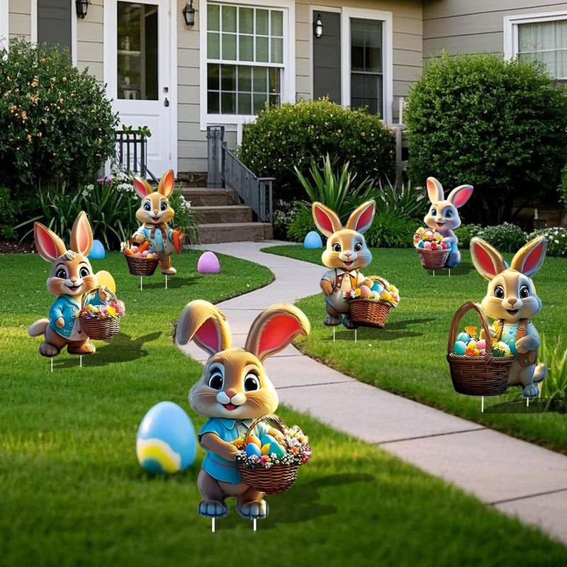6PCS Easter Bunny Yard Signs Decorations Outdoor with Stakes Cute