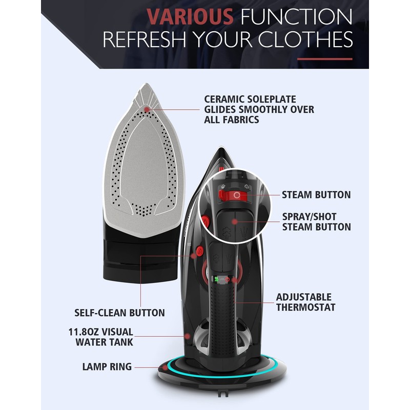 OMAIGA Cordless Iron for Clothes, 1500W Steam Iron Rapid Heating,