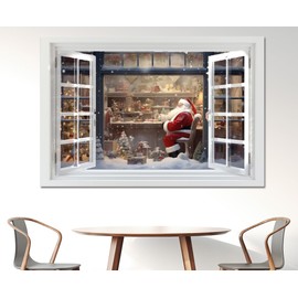 WOOHOOROO Peel and Stick Fake Window Christmas Santa Sitting in The Shop Poster Picture Wall Sticker Decor Mural Wall Door Self-Adhesive Removable Decoration,32" x 48"