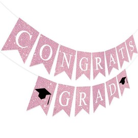 Pre-Strung Congrats Grad Banner Pink Glitter Congratulations Graduate Banner Sign Graduation Decorations Class of 2025 Grad Party Decor Supplies