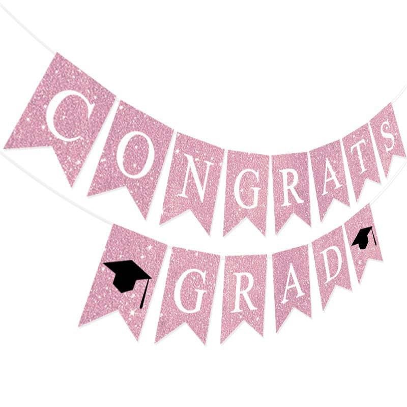 Pre-Strung Congrats Grad Banner Pink Glitter Congratulations Graduate Banner Sign