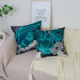 DILOXNSU Set of 4 Decorative Cushion Covers 50 x 50 cm Teal Rose Grey Flower Square Pillow Cover 20 x 20 Inch Durable Linen Modern Pillowcases for Sofa Garden Bed Outdoor Cushions