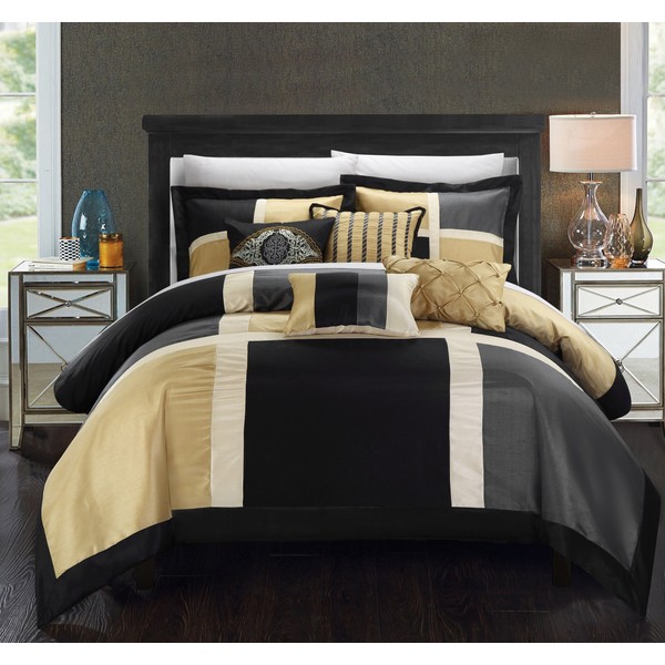 Chic Home 11 Piece Alleta Patchwork Solid Color Block with embroidery and pintuck decorative pillows Queen Bed In a Bag Comforter Set Black With White Sheets included