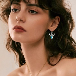 BETHZA Turquoise Cow Skull Earrings, 925 Sterling Silver, Turquoise Cow Head Drop Earrings, Bohemian Western Jewelry, Gifts for Women, Cowgirls, Sterling Silver, Turquoise