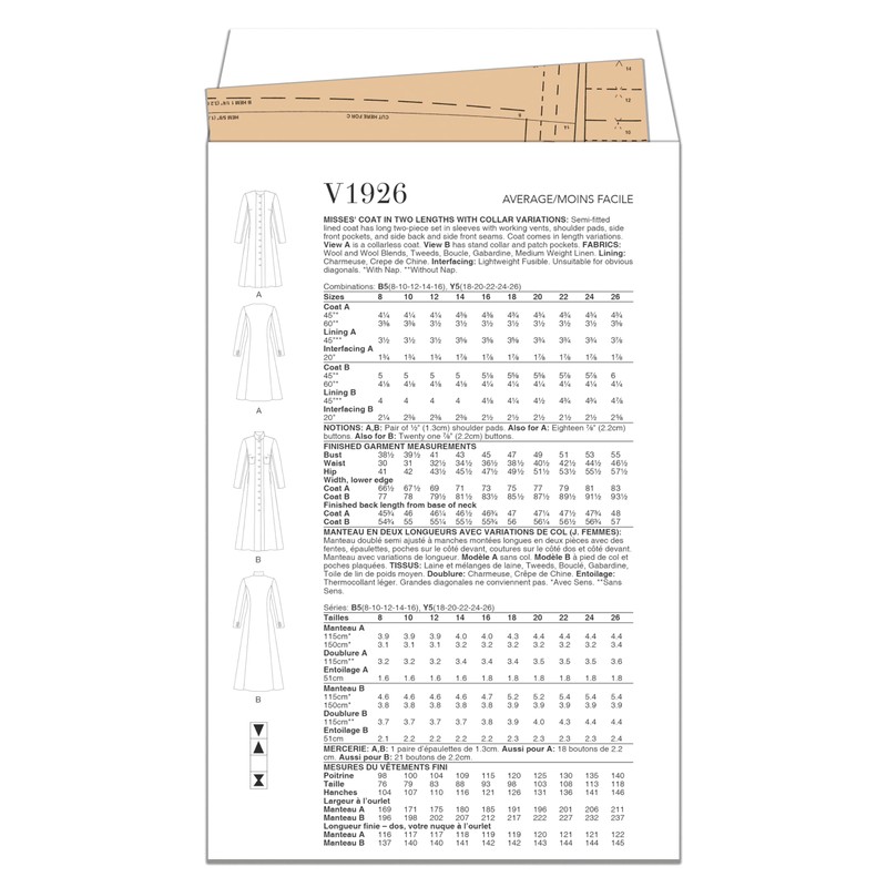 Vogue Patterns V1926B5 Misses' Coat in Two Lengths with Collar
