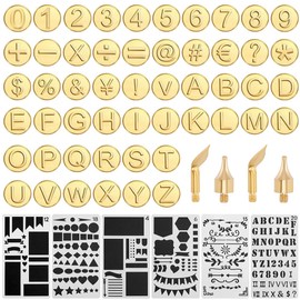GORGECRAFT 56Pcs Wood Burning Tip Gold Letter Number Brass Head Hot Stamps Tips Kit Alphabet Number Symbol Pyrography Head with 6 Styles Plastic Journal Painting Stencil for Wood DIY Embossing Carving