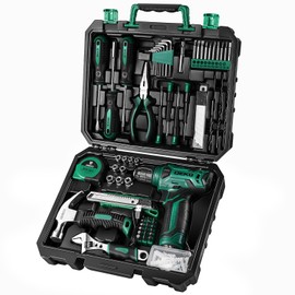Tool Kit: 8V Cordless Drill, Home Toolbox with storage case, Hand Tool set for Home Repairs 126 Piece, Green