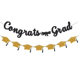 Graduation Decorations of 2025 Pre-Strung Congrats Grad Banner Blingbling Glitter Graduation Garland for High School College 2025 Grad Party Supplies (Black)