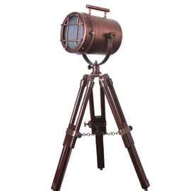 Antique Style Copper Searchlight Wood Table Tripod Lamps LED Desktop Home Decor Adjustable Stand Vintage Handmade Nautical Spot Light Collectible
