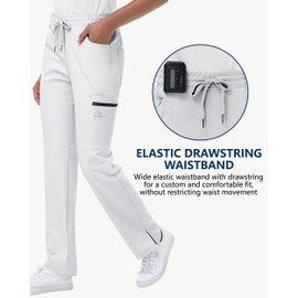 MIVEI Straight Leg Scrub Pants for Women with 8 Pockets High Rise Modern Classic Fit Cargo Scrub Bottom Elastic Waist Medical White