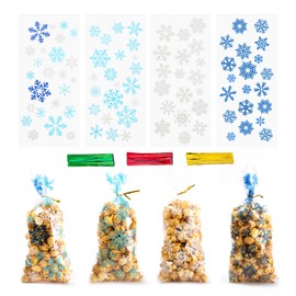 Jocomoni 100PCS Christmas Snowflake Cellophane Treat Bags, Clear Plastic Xmas Goodie Candy Bag Winter Snowflake Goody Snack Sweet Bags with Twist Ties for Christmas Party Favor Supply（4 Style）