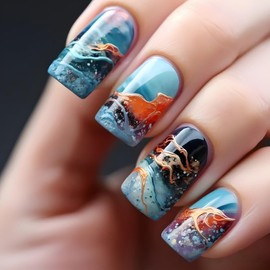 EYZOTSF Press on Nails Short Square Shaped Acrylic Extra Short Length Square False Nails with Designs Artificial Fake Nail with Charms Glue Stick ons Fingernails for Women Girls(FD029)