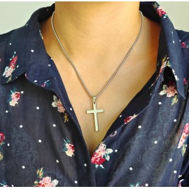 Cross Necklace Women Men,Gold/Silver Stainless Steel Cross Chain Men Chain with Cross Pendant Necklace Jesus Religious Jewelry for Men Pendant(Large Silver 45cm)