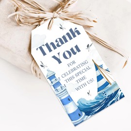 50Pcs Nautical Thank You Tags, Sailor Baby Shower Decorations Ahoy Nautical Boy Gift Tags Marine Sailboat Lighthouse Baby Shower Party Decor for Boy Birthday Gender Reveal Retirement Party Supplies