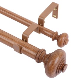 Wood Double Curtain Rods for Windows 72 to 144 inch, Boho Vintage Decorative 1 Inch Adjustable Long Dual Curtain Rod, Heavy Duty Farmhouse Double Drapery Pole with Imitation Wood Grain Finial