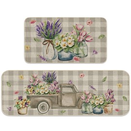 JarThenaAMCS 2Pcs Spring Floral Kitchen Mats Watercolor Flower Truck Kitchen Rugs Farmhouse Gray Buffalo Plaid Non Slip Rectangle Doormats Floor Mat for Home Entrance Porch