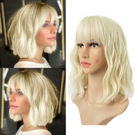 Leeven 12" Blonde Wavy Synthetic Wigs with Bangs Short Bob Style Wigs for Women Daily Heat Resistant Shoulder Length Hair Wig Blonde Cosplay Wig (613#)