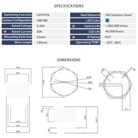 KWONONG LED Latching Push Button Switch, Stainless Steel, IP67 Waterproof 5-24V 20A 1NO1NC, with Wire Socket Plug (1, Blue, 22mm)