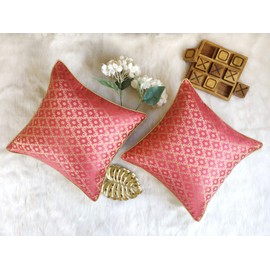 AVKA Studio Throw Pillow Covers - Pack of 2 Floral Brocade Decorative Pillows - Coral & Gold 20X20 - Indian Faux Silk Jacquard Cushion Cover - Cover Only