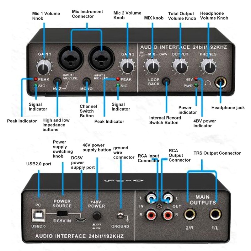 Sound Interface Professional 48V Phantom Power DSP Effect 24 Bit