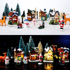 Set de 31 Decoraciones de Aldeas Navideñas Casitas de Navidad LED Iluminadas con Figuritas y Rollo de Manta de Nieve para Escena de Ciudad de Navidad Decoración Paisajística a Pilas