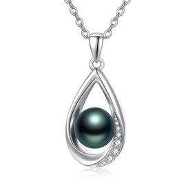 Mom's Birthday gift Black Pearl Necklace 925 Sterling Silver Tahitian Freshwater Cultured Tear Drop Necklace Jewelry Birthday Present Gifts for Women Mother Wife