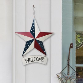 Metal Barn Star Welcome Sign Patriotic Wall Decor Hanging Americana Flag Door Hanger USA Stars Plaque for July of 4th Memorial Day Independence Day Indoor Outdoor Window wreath Decoration (C)