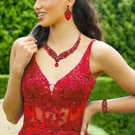 EVER FAITH Austrian Crystal Bridal Jewelry Sets, Elegant V-Shaped Costume Party Teardrop Statement Necklace Earrings Bracelet Set for Woman Red Black-Tone