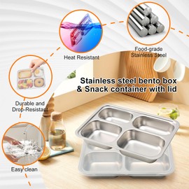 3Pcs Stainless Steel Snack Containers with Lids, 4 Compartment Food Storage Containers, Reusable Snack Boxes, Adults & Kids Meal Prep Containers