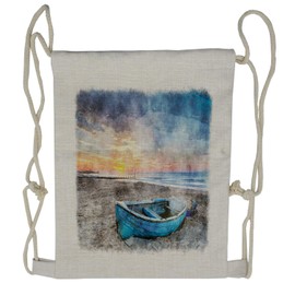 Lunarable Sunrise Drawstring Backpack, Fishing Boat on the Beach, Sackpack Bag