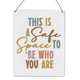 UYIKG Boho Classroom Decor, This is A Safe Space to Be Who You are Wood Hanging Sign, Calming Wall Art Decor, Classroom Bedroom Wooden Slogan Hanging Sign 8X10 Inch