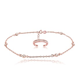 Hoops & Loops 925 Sterling Silver Cubic Zirconia Anklet and Channel-Set Open Toe Ring Set for Women, 9 Inches + 1 Inch Extender | Boho Cute Summer Beach Anklet Foot Jewelry Rose Gold