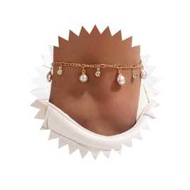 Inateannal Boho Crystal Pearl Ankle Bracelet Gold Figaro Chain Anklet Cubic Zirconia Pearl Charm Ankle Chain Beach Foot Jewelry for Women Teen Girls
