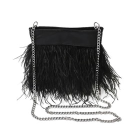 LAGO DE SAC Women Natural Fluffy Ostrich Feather Evening Clutch Purse Shoulder Crossbody Bag (Black)