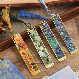 4 Pieces Metal Bookmarks with Tassel, Golden Hollow Bookmark Oil Painting Theme Book Mark Bookmarks for Book Lovers Writers Readers Children Teens Men Women Adults