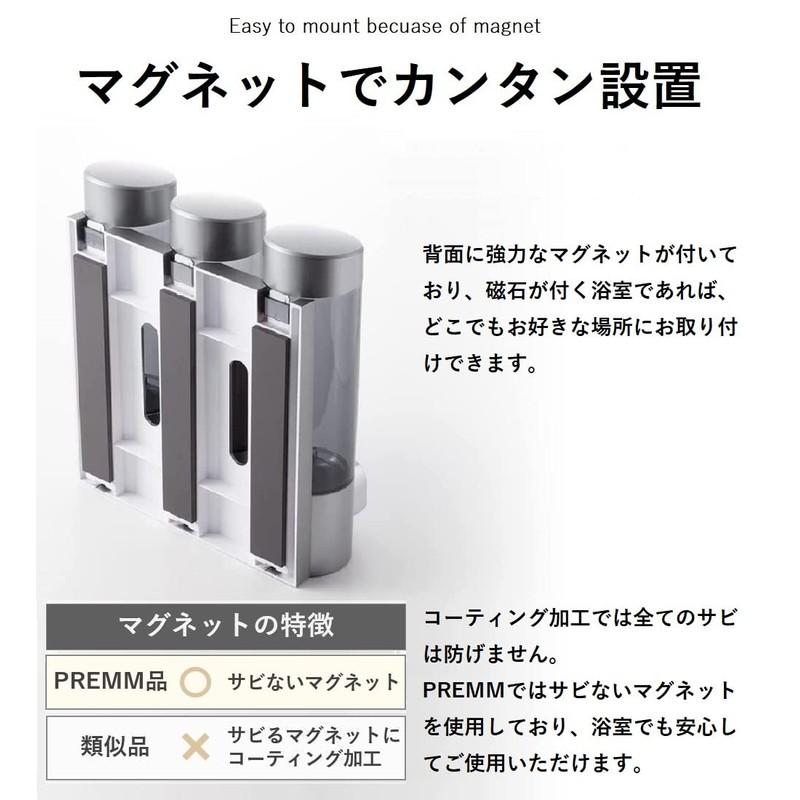 PREMM Shampoo Dispenser, Magnet, Wall Mounted, Large Capacity (Triple 11.8