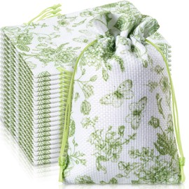 Supervitae 30 Pcs Green Floral Burlap Gift Bags with Drawstring 4 x 6 Inch Small Green Flower Gifts Bag Bulk Wedding Mini Jewelry Pouch for Women Bridal Baby Shower Christmas Party Supplies