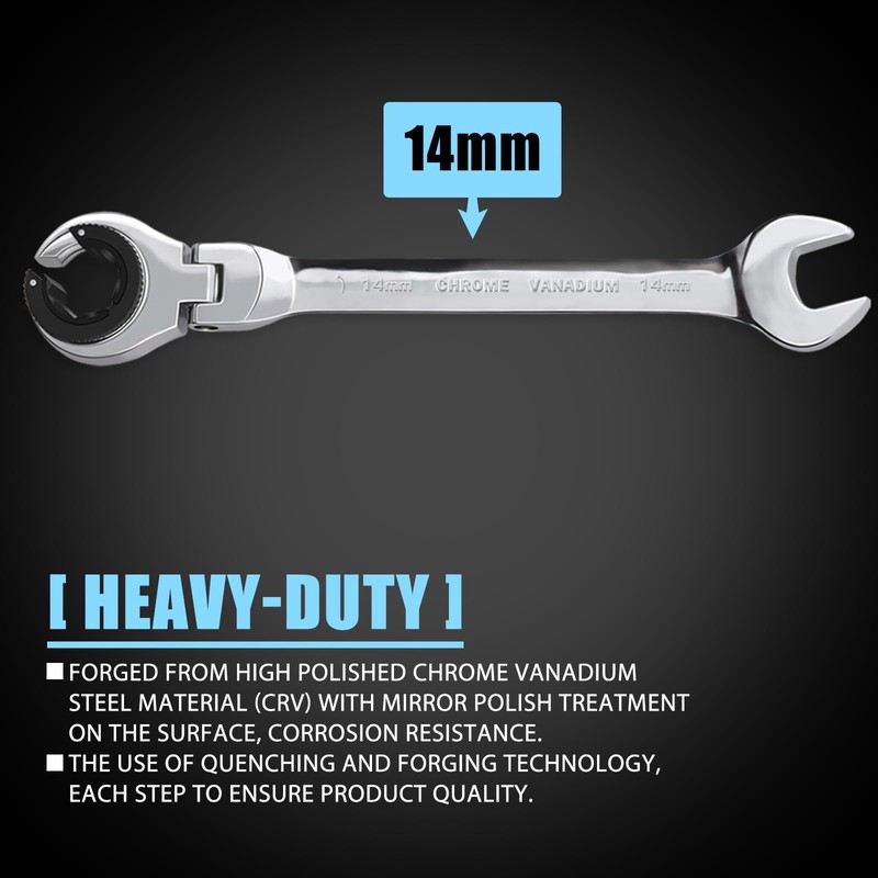 LOSCHEN 1PC 14mm Open Flex-Head Ratcheting Wrench, Metric Ratcheting Spanner