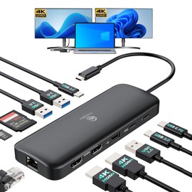 USB C Docking Station Dual Monitor 11-in-1 Laptop Docking Station with 2 HDMI Dual 4K@60Hz, 1Gbps Ethernet, 100W USB PD Port, 5 USB A/C Ports, SD/TF Card Slot for Windows Laptop