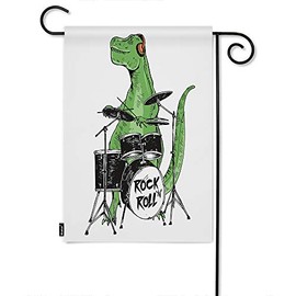 Moslion Dinosaur Garden Flag Cute Animal Music Rock N Roll Star Dinosaur Playing Drum Set Flags Double-Sided Banner Welcome Yard Flag Outdoor Home Decor. Lawn Villa 12x18 Inch Green