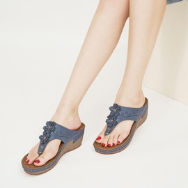HARENCE Sandalias para mujer con soporte de arco para caminar cómodamente, sandalias de cuña de verano, sandalias de plataforma sin cordones, Azul, 10